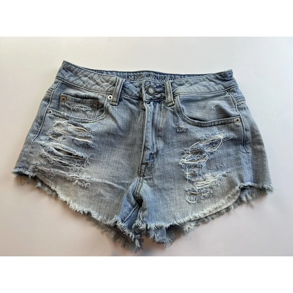 American Eagle Hi-Rise Festival Shorts Womens 4 Blue Denim Distressed Casual - Picture 1 of 9